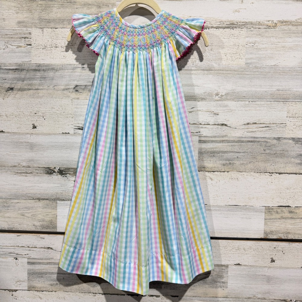 Nola Smocked Handmade Bishop Dress Girls 5T Pastel Gingham Plaid Southern